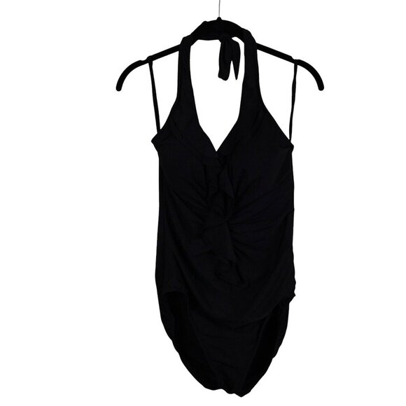 Miraclesuit Black One-Piece Swimsuit Size 12 Halter Ruffle Front Shaping Swimwea - Picture 1 of 11